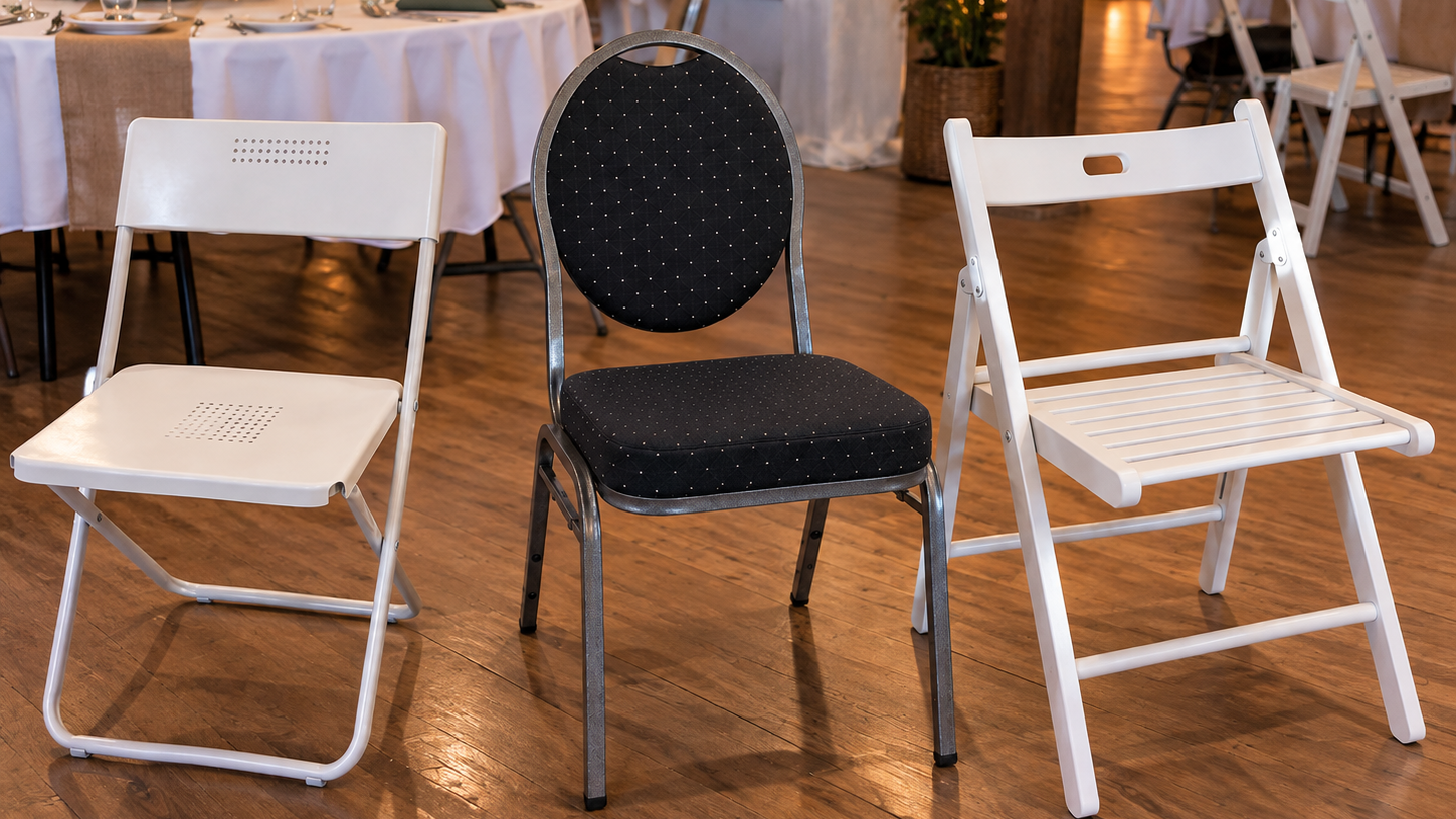 Bankettstuhl, weißer Klappstuhl und Holzstuhl für Hochzeiten und Veranstaltungen in Elster (Elbe)