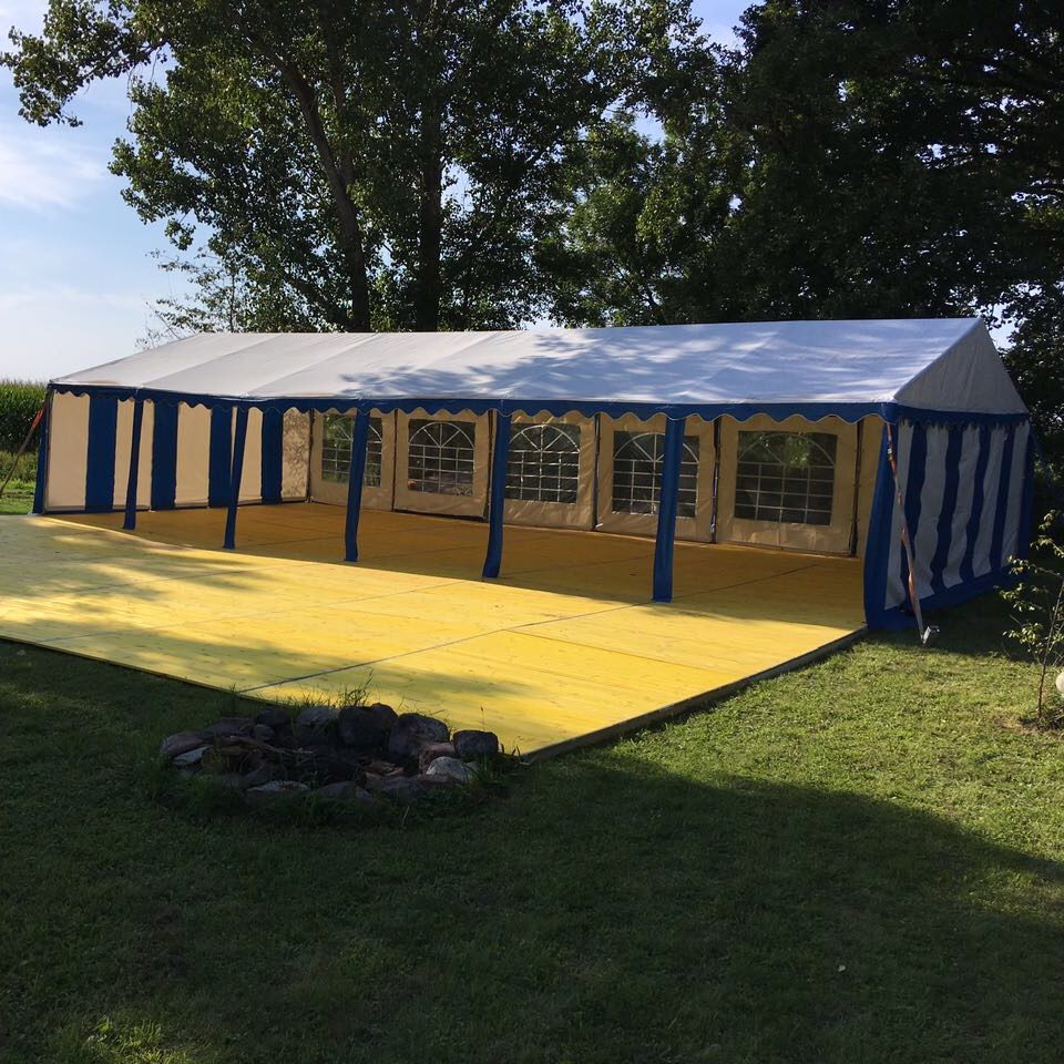 Bunte Hüpfburg mit Dinosaurier-Motiv auf grünem Gelände.